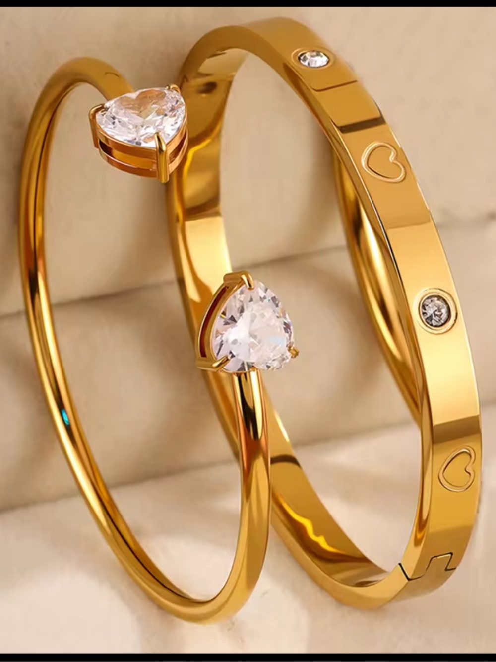 Gold Heart CZ Bangle Set - Women Jewelry
